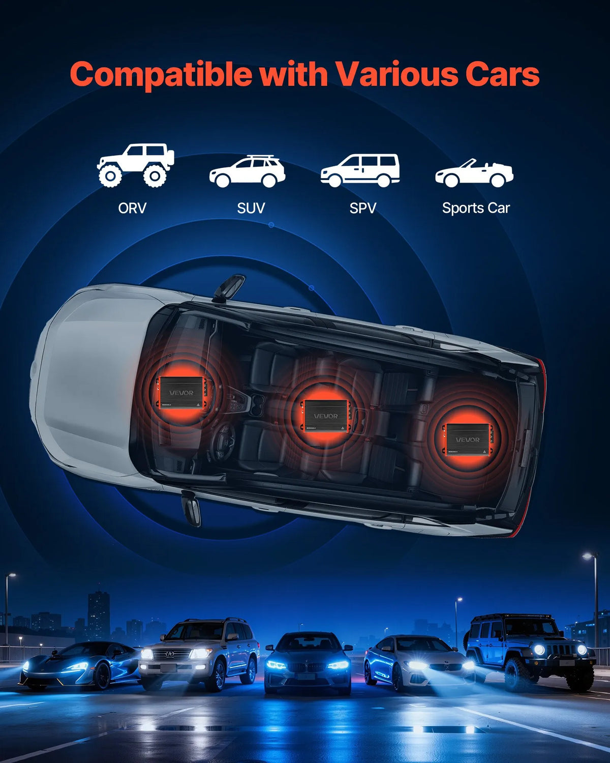 VEVOR automašīnas audio pastiprinātājs, 4 kanālu tiltojams auto pastiprinātājs, daudzkanālu Class D stereo pastiprinātājs ar maksimālo jaudu 4 × 120 W pie 4 Ω / 4 × 200 W pie 2 Ω, augstas jaudas pastiprinātājs SUV, pikapiem un bezceļu transportlīdzekļiem - ZEMLETES.LV