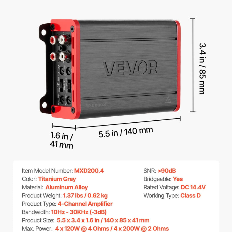 VEVOR automašīnas audio pastiprinātājs, 4 kanālu tiltojams auto pastiprinātājs, daudzkanālu Class D stereo pastiprinātājs ar maksimālo jaudu 4 × 120 W pie 4 Ω / 4 × 200 W pie 2 Ω, augstas jaudas pastiprinātājs SUV, pikapiem un bezceļu transportlīdzekļiem - ZEMLETES.LV