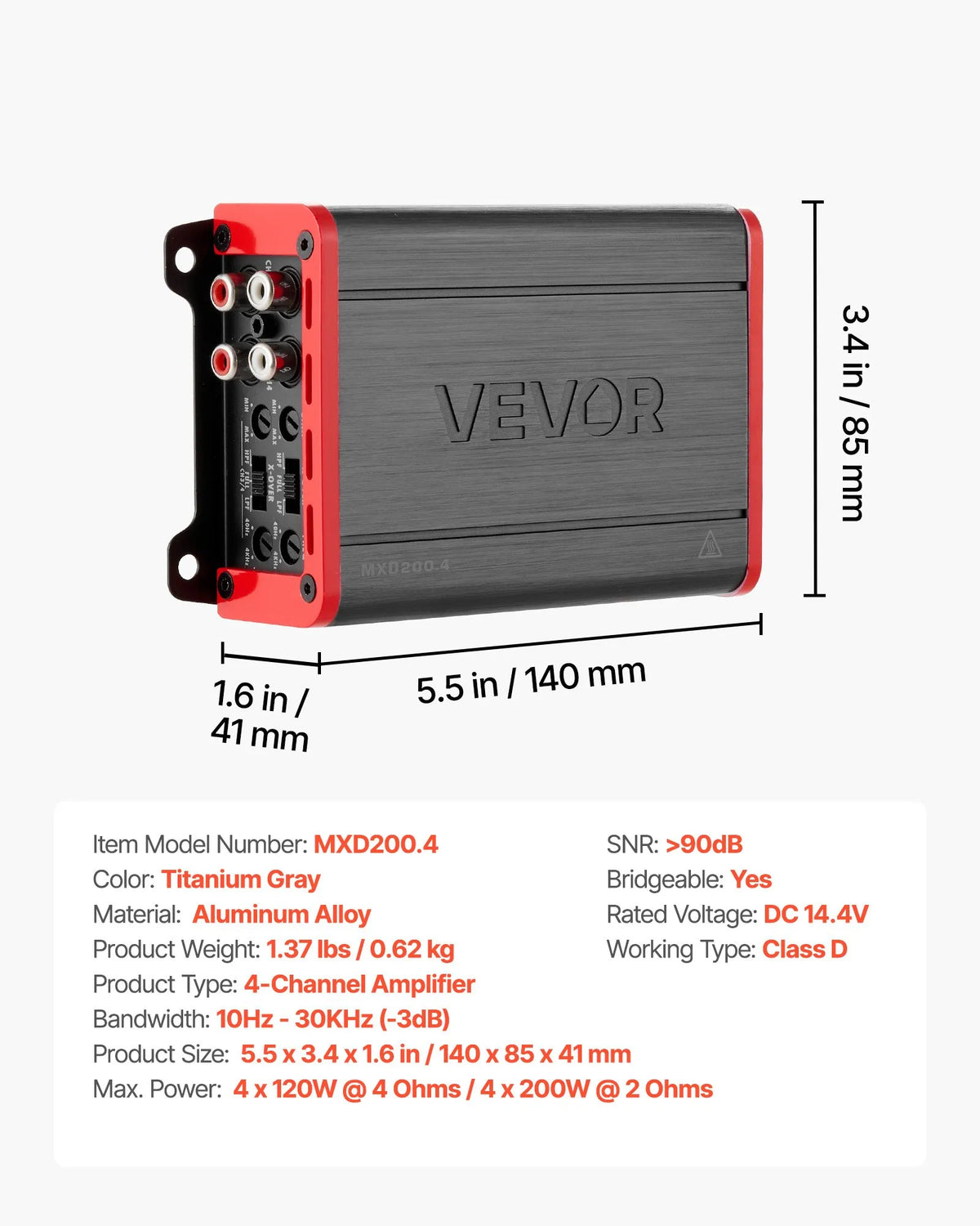 VEVOR automašīnas audio pastiprinātājs, 4 kanālu tiltojams auto pastiprinātājs, daudzkanālu Class D stereo pastiprinātājs ar maksimālo jaudu 4 × 120 W pie 4 Ω / 4 × 200 W pie 2 Ω, augstas jaudas pastiprinātājs SUV, pikapiem un bezceļu transportlīdzekļiem - ZEMLETES.LV
