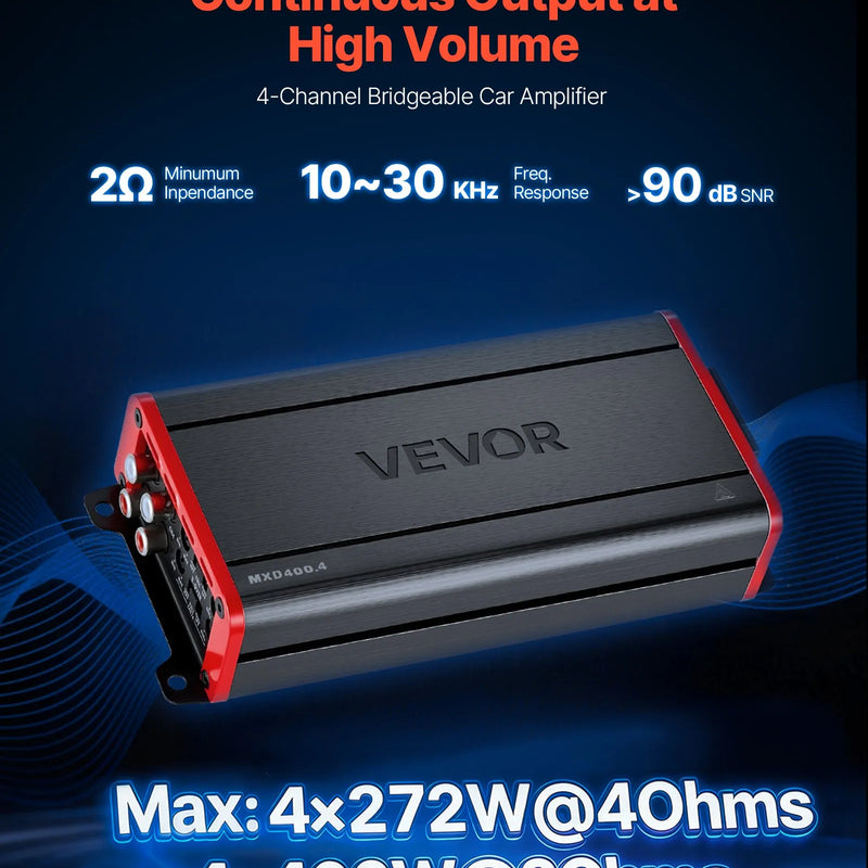 VEVOR automašīnas audio pastiprinātājs, 4 kanālu tiltojams auto pastiprinātājs, daudzkanālu Class D stereo pastiprinātājs ar maksimālo jaudu 4 × 272 W pie 4 Ω / 4 × 400 W pie 2 Ω, augstas jaudas pastiprinātājs SUV, pikapiem un bezceļu transportlīdzekļiem - ZEMLETES.LV