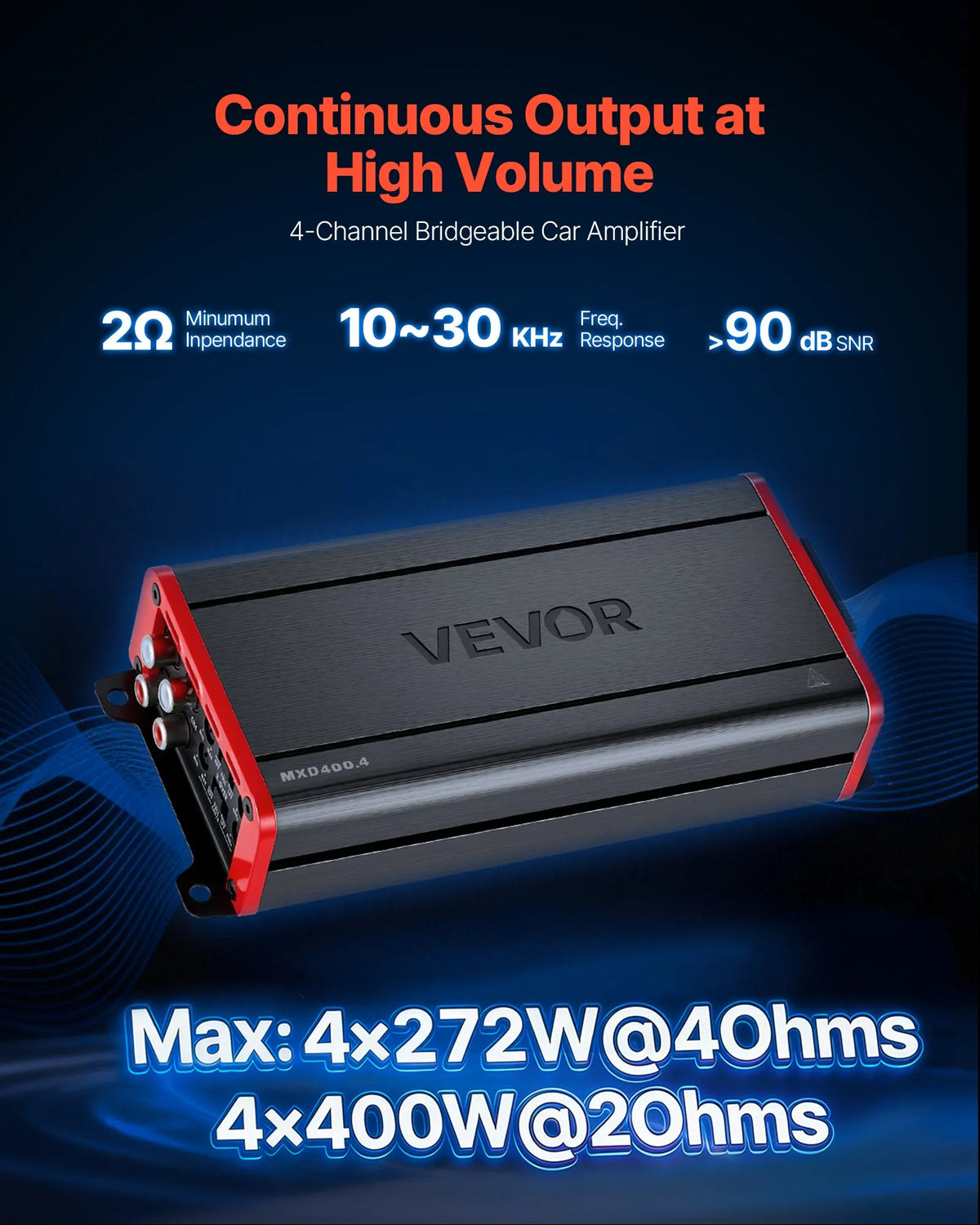 VEVOR automašīnas audio pastiprinātājs, 4 kanālu tiltojams auto pastiprinātājs, daudzkanālu Class D stereo pastiprinātājs ar maksimālo jaudu 4 × 272 W pie 4 Ω / 4 × 400 W pie 2 Ω, augstas jaudas pastiprinātājs SUV, pikapiem un bezceļu transportlīdzekļiem - ZEMLETES.LV