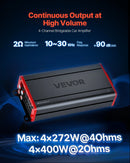 VEVOR automašīnas audio pastiprinātājs, 4 kanālu tiltojams auto pastiprinātājs, daudzkanālu Class D stereo pastiprinātājs ar maksimālo jaudu 4 × 272 W pie 4 Ω / 4 × 400 W pie 2 Ω, augstas jaudas pastiprinātājs SUV, pikapiem un bezceļu transportlīdzekļiem - ZEMLETES.LV