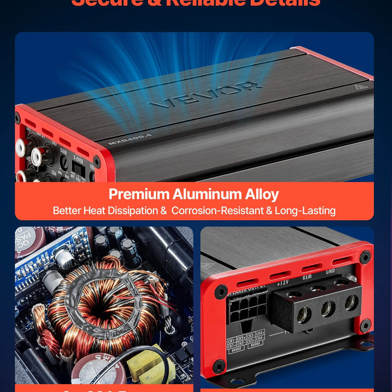 VEVOR automašīnas audio pastiprinātājs, 4 kanālu tiltojams auto pastiprinātājs, daudzkanālu Class D stereo pastiprinātājs ar maksimālo jaudu 4 × 272 W pie 4 Ω / 4 × 400 W pie 2 Ω, augstas jaudas pastiprinātājs SUV, pikapiem un bezceļu transportlīdzekļiem - ZEMLETES.LV