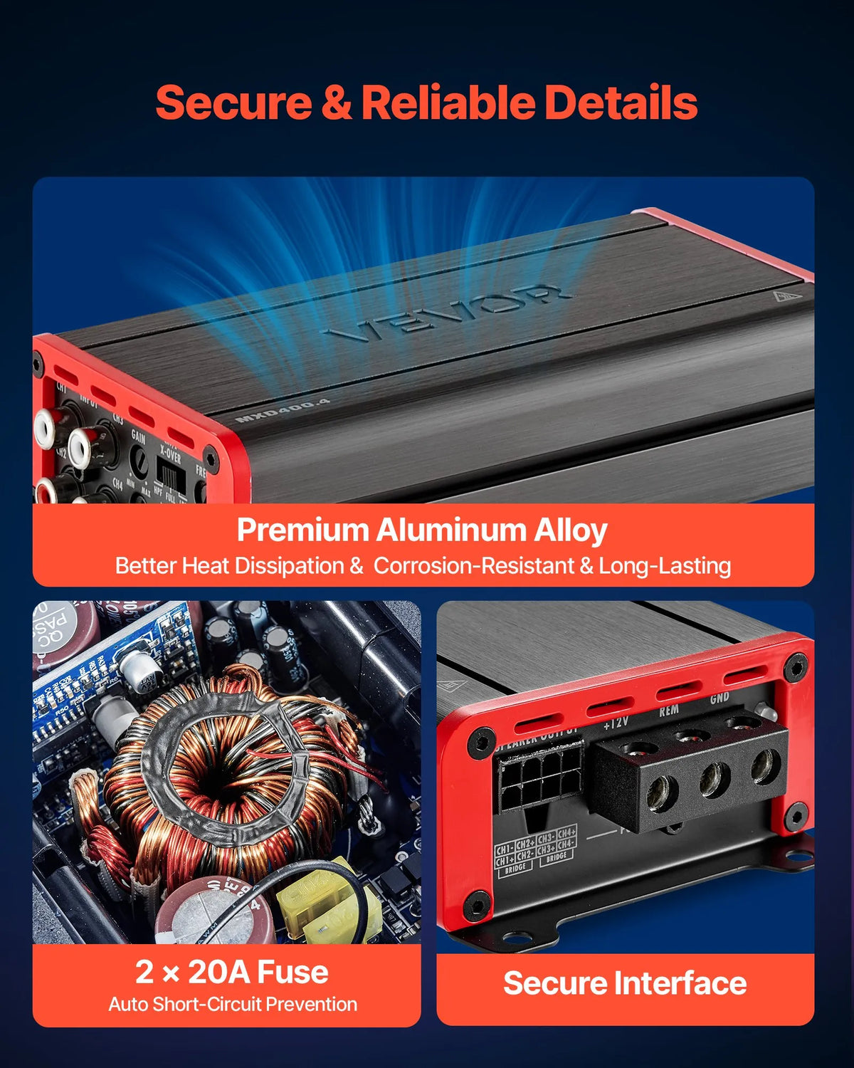 VEVOR automašīnas audio pastiprinātājs, 4 kanālu tiltojams auto pastiprinātājs, daudzkanālu Class D stereo pastiprinātājs ar maksimālo jaudu 4 × 272 W pie 4 Ω / 4 × 400 W pie 2 Ω, augstas jaudas pastiprinātājs SUV, pikapiem un bezceļu transportlīdzekļiem - ZEMLETES.LV