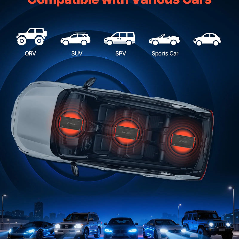 VEVOR automašīnas audio pastiprinātājs, 4 kanālu tiltojams auto pastiprinātājs, daudzkanālu Class D stereo pastiprinātājs ar maksimālo jaudu 4 × 272 W pie 4 Ω / 4 × 400 W pie 2 Ω, augstas jaudas pastiprinātājs SUV, pikapiem un bezceļu transportlīdzekļiem - ZEMLETES.LV