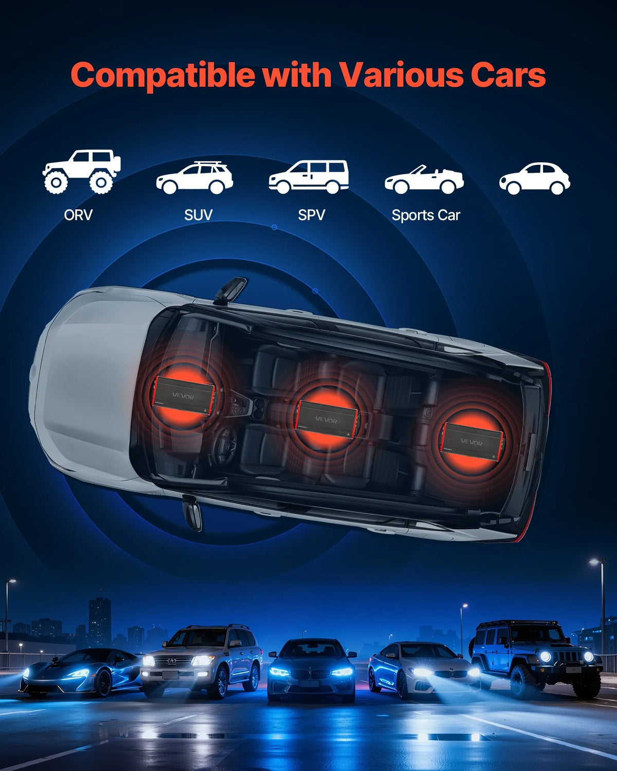 VEVOR automašīnas audio pastiprinātājs, 4 kanālu tiltojams auto pastiprinātājs, daudzkanālu Class D stereo pastiprinātājs ar maksimālo jaudu 4 × 272 W pie 4 Ω / 4 × 400 W pie 2 Ω, augstas jaudas pastiprinātājs SUV, pikapiem un bezceļu transportlīdzekļiem - ZEMLETES.LV