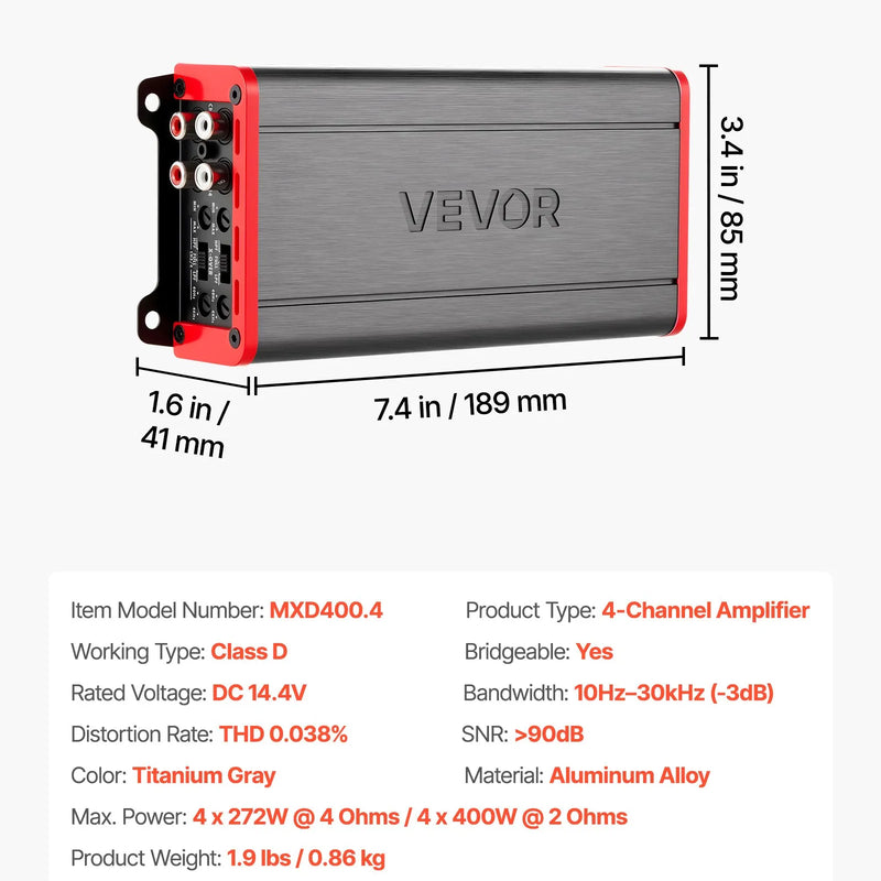 VEVOR automašīnas audio pastiprinātājs, 4 kanālu tiltojams auto pastiprinātājs, daudzkanālu Class D stereo pastiprinātājs ar maksimālo jaudu 4 × 272 W pie 4 Ω / 4 × 400 W pie 2 Ω, augstas jaudas pastiprinātājs SUV, pikapiem un bezceļu transportlīdzekļiem - ZEMLETES.LV
