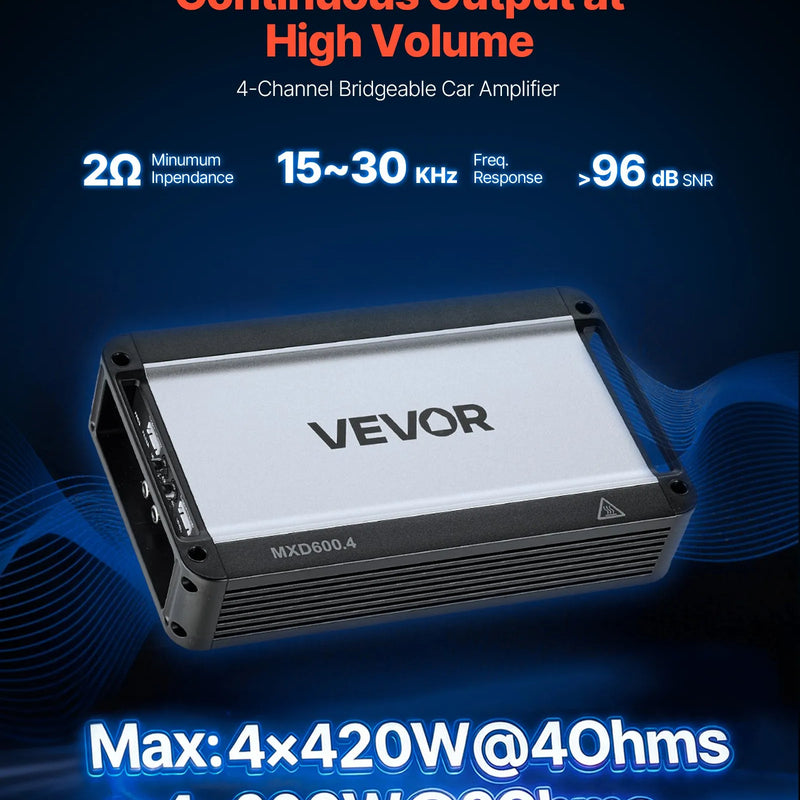 VEVOR 4 kanālu automašīnas audio pastiprinātājs, tiltojams daudzkanālu Class D stereo pastiprinātājs ar maksimālo jaudu 4 × 420 W pie 4 Ω / 4 × 600 W pie 2 Ω, augstas jaudas auto pastiprinātājs SUV, pikapiem un bezceļu transportlīdzekļiem - ZEMLETES.LV