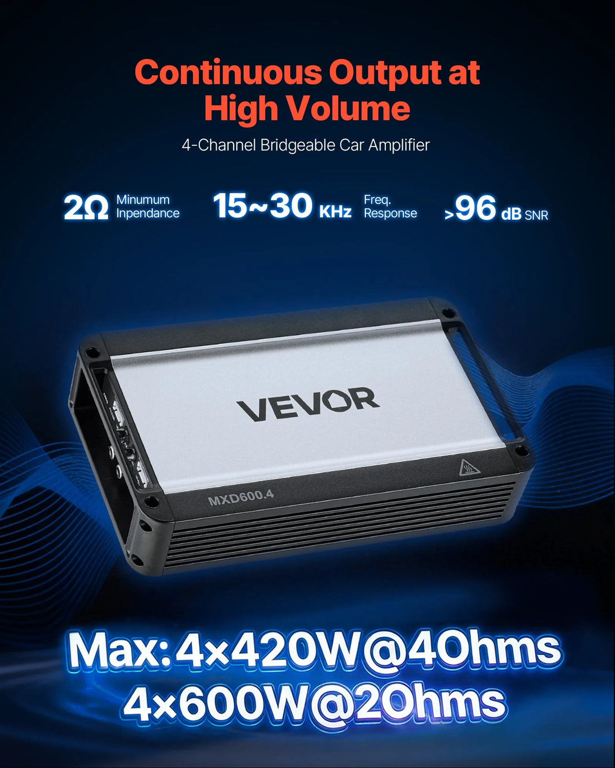 VEVOR 4 kanālu automašīnas audio pastiprinātājs, tiltojams daudzkanālu Class D stereo pastiprinātājs ar maksimālo jaudu 4 × 420 W pie 4 Ω / 4 × 600 W pie 2 Ω, augstas jaudas auto pastiprinātājs SUV, pikapiem un bezceļu transportlīdzekļiem - ZEMLETES.LV