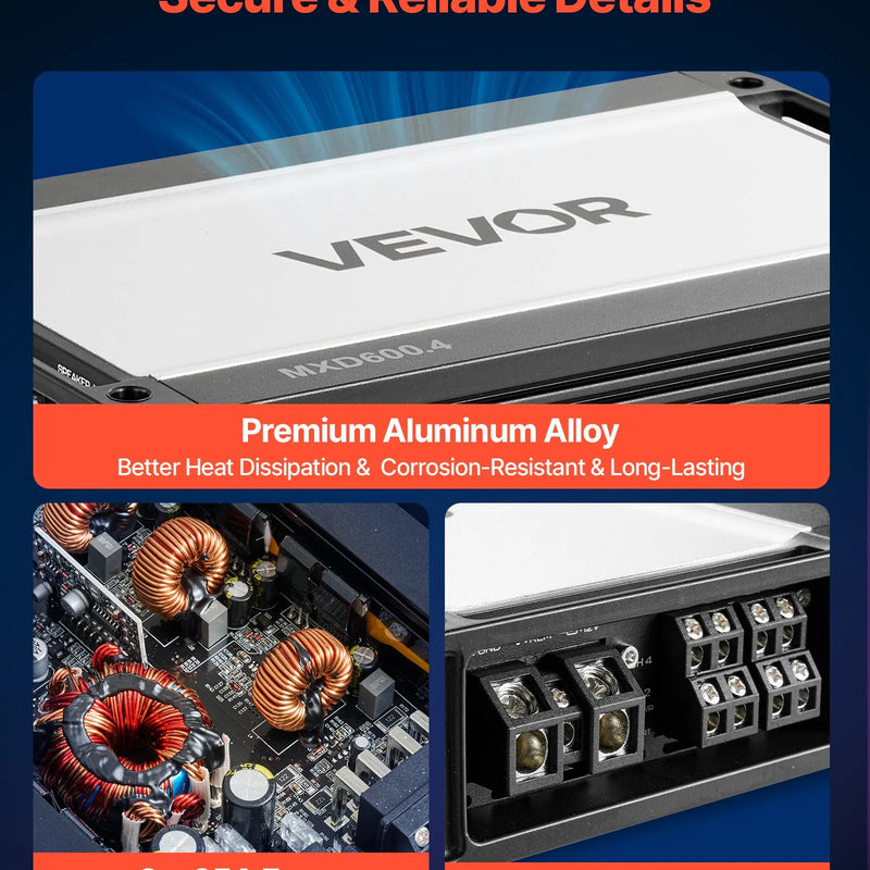 VEVOR 4 kanālu automašīnas audio pastiprinātājs, tiltojams daudzkanālu Class D stereo pastiprinātājs ar maksimālo jaudu 4 × 420 W pie 4 Ω / 4 × 600 W pie 2 Ω, augstas jaudas auto pastiprinātājs SUV, pikapiem un bezceļu transportlīdzekļiem - ZEMLETES.LV