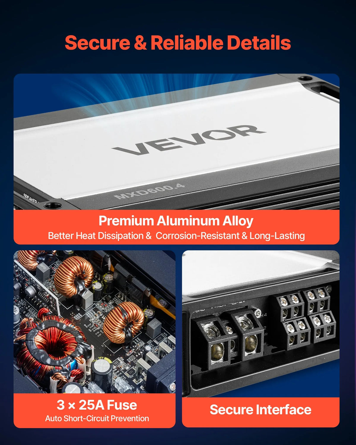 VEVOR 4 kanālu automašīnas audio pastiprinātājs, tiltojams daudzkanālu Class D stereo pastiprinātājs ar maksimālo jaudu 4 × 420 W pie 4 Ω / 4 × 600 W pie 2 Ω, augstas jaudas auto pastiprinātājs SUV, pikapiem un bezceļu transportlīdzekļiem - ZEMLETES.LV