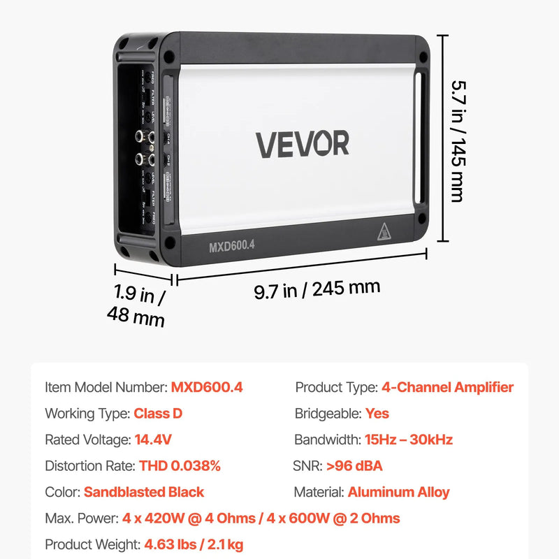 VEVOR 4 kanālu automašīnas audio pastiprinātājs, tiltojams daudzkanālu Class D stereo pastiprinātājs ar maksimālo jaudu 4 × 420 W pie 4 Ω / 4 × 600 W pie 2 Ω, augstas jaudas auto pastiprinātājs SUV, pikapiem un bezceļu transportlīdzekļiem - ZEMLETES.LV