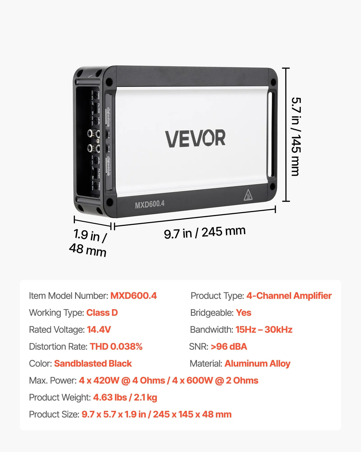 VEVOR 4 kanālu automašīnas audio pastiprinātājs, tiltojams daudzkanālu Class D stereo pastiprinātājs ar maksimālo jaudu 4 × 420 W pie 4 Ω / 4 × 600 W pie 2 Ω, augstas jaudas auto pastiprinātājs SUV, pikapiem un bezceļu transportlīdzekļiem - ZEMLETES.LV