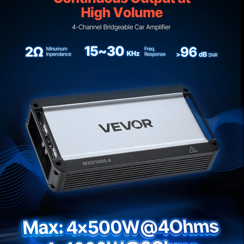 VEVOR automašīnas audio pastiprinātājs, 4 kanālu tiltojams auto pastiprinātājs, daudzkanālu Class D stereo pastiprinātājs ar maksimālo jaudu 4 × 500 W pie 4 Ω / 4 × 1000 W pie 2 Ω, augstas jaudas pastiprinātājs SUV, pikapiem un bezceļu transportlīdzekļiem - ZEMLETES.LV