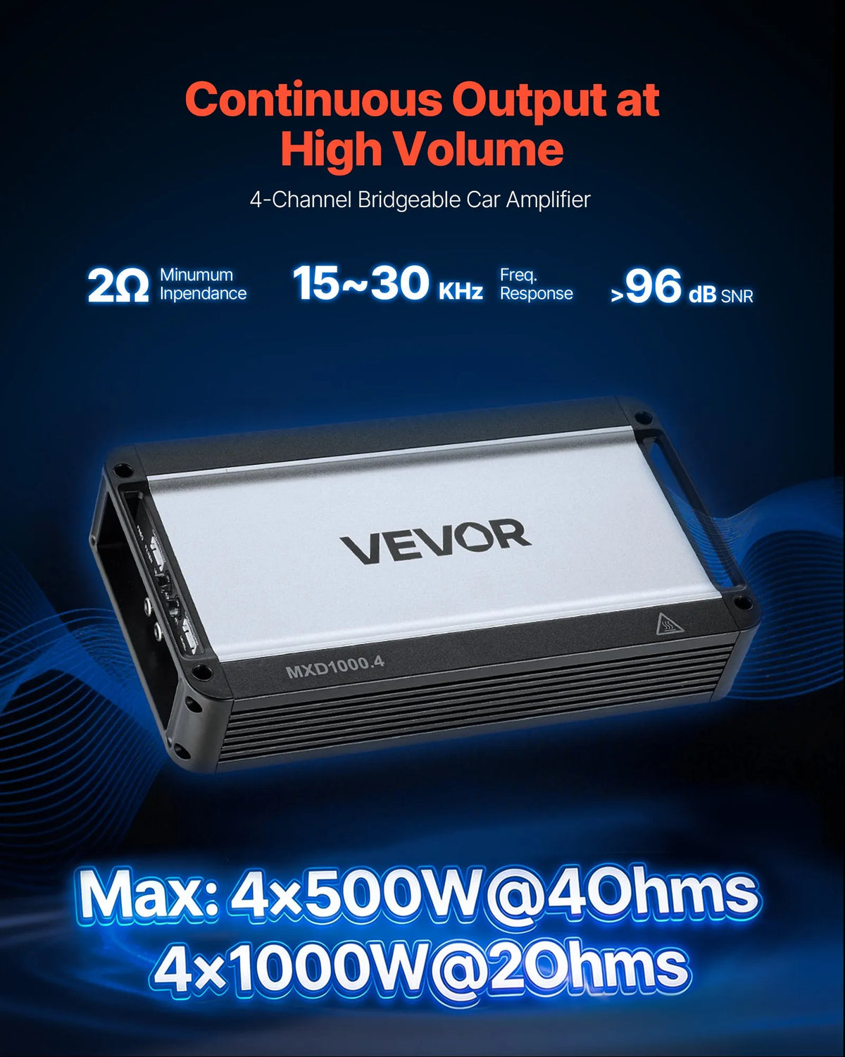 VEVOR automašīnas audio pastiprinātājs, 4 kanālu tiltojams auto pastiprinātājs, daudzkanālu Class D stereo pastiprinātājs ar maksimālo jaudu 4 × 500 W pie 4 Ω / 4 × 1000 W pie 2 Ω, augstas jaudas pastiprinātājs SUV, pikapiem un bezceļu transportlīdzekļiem - ZEMLETES.LV