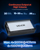 VEVOR automašīnas audio pastiprinātājs, 4 kanālu tiltojams auto pastiprinātājs, daudzkanālu Class D stereo pastiprinātājs ar maksimālo jaudu 4 × 500 W pie 4 Ω / 4 × 1000 W pie 2 Ω, augstas jaudas pastiprinātājs SUV, pikapiem un bezceļu transportlīdzekļiem - ZEMLETES.LV