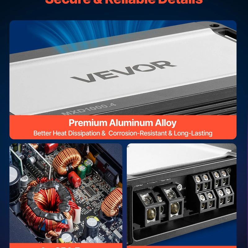VEVOR automašīnas audio pastiprinātājs, 4 kanālu tiltojams auto pastiprinātājs, daudzkanālu Class D stereo pastiprinātājs ar maksimālo jaudu 4 × 500 W pie 4 Ω / 4 × 1000 W pie 2 Ω, augstas jaudas pastiprinātājs SUV, pikapiem un bezceļu transportlīdzekļiem - ZEMLETES.LV