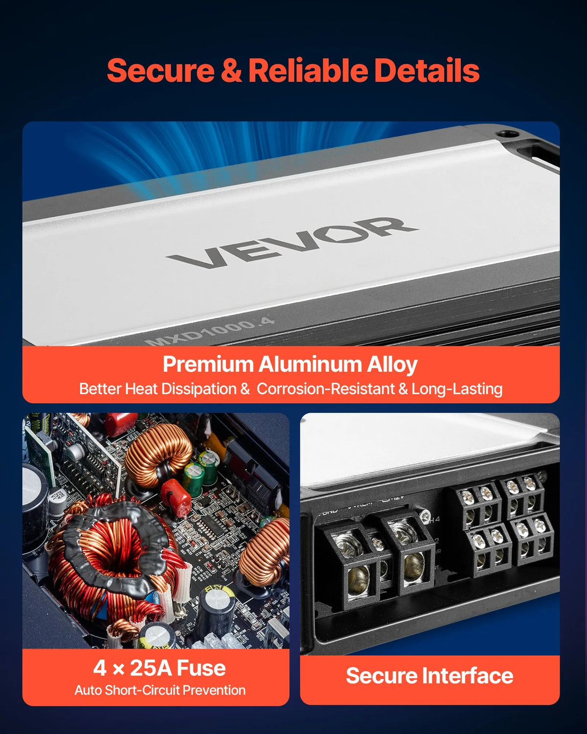 VEVOR automašīnas audio pastiprinātājs, 4 kanālu tiltojams auto pastiprinātājs, daudzkanālu Class D stereo pastiprinātājs ar maksimālo jaudu 4 × 500 W pie 4 Ω / 4 × 1000 W pie 2 Ω, augstas jaudas pastiprinātājs SUV, pikapiem un bezceļu transportlīdzekļiem - ZEMLETES.LV