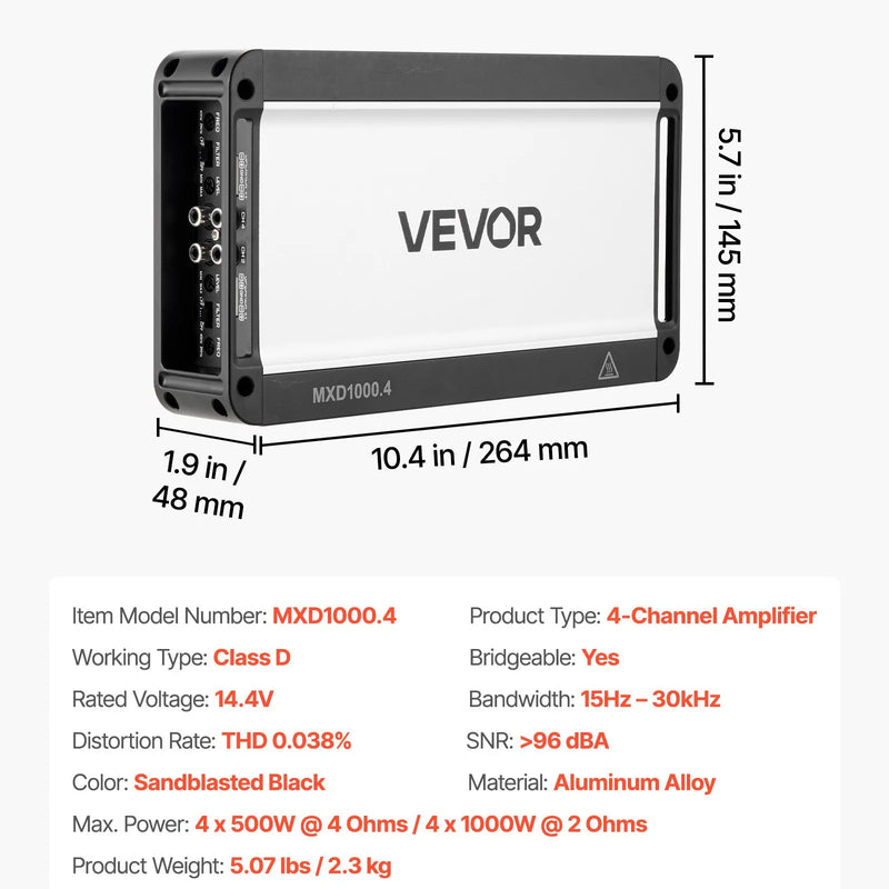 VEVOR automašīnas audio pastiprinātājs, 4 kanālu tiltojams auto pastiprinātājs, daudzkanālu Class D stereo pastiprinātājs ar maksimālo jaudu 4 × 500 W pie 4 Ω / 4 × 1000 W pie 2 Ω, augstas jaudas pastiprinātājs SUV, pikapiem un bezceļu transportlīdzekļiem - ZEMLETES.LV