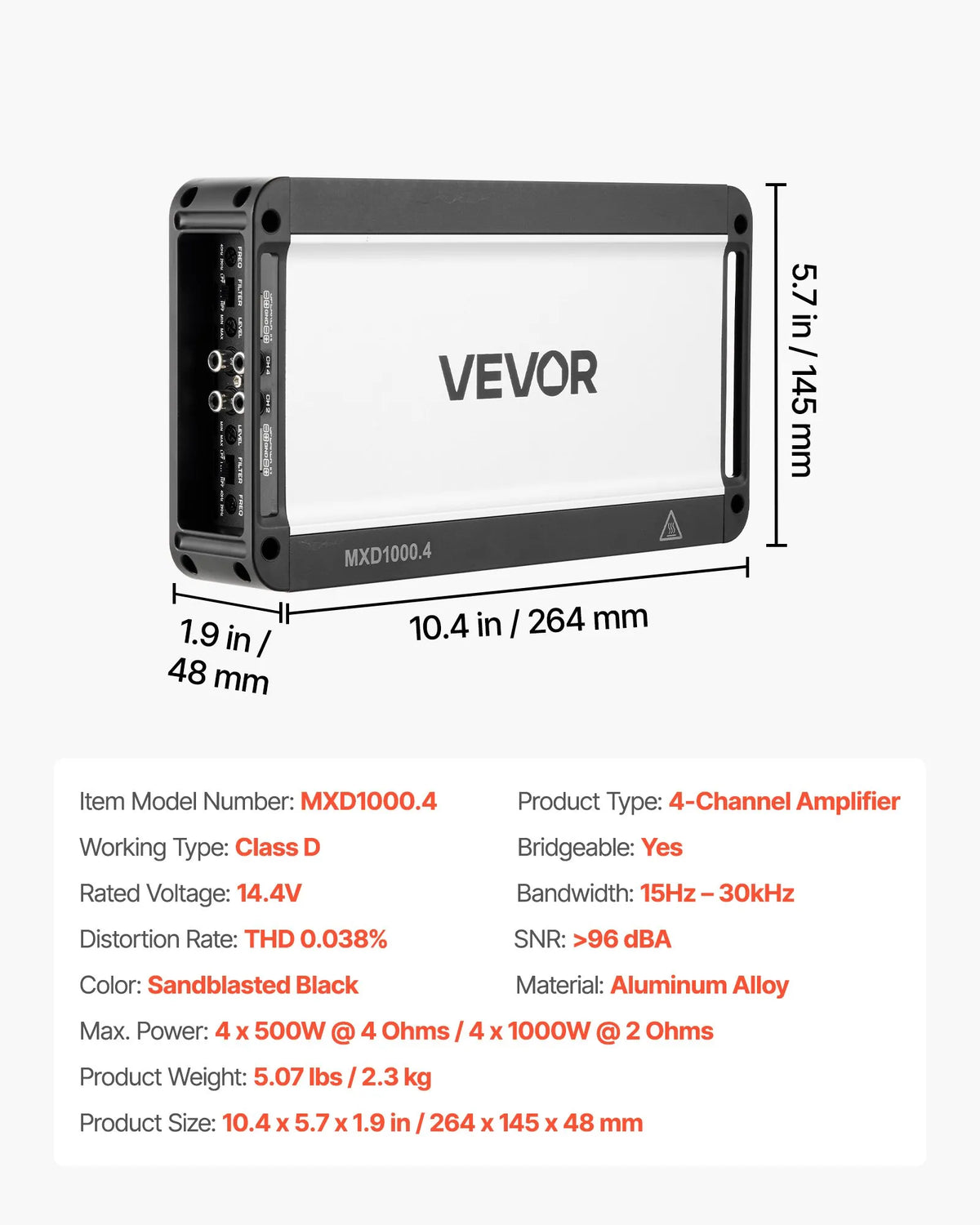 VEVOR automašīnas audio pastiprinātājs, 4 kanālu tiltojams auto pastiprinātājs, daudzkanālu Class D stereo pastiprinātājs ar maksimālo jaudu 4 × 500 W pie 4 Ω / 4 × 1000 W pie 2 Ω, augstas jaudas pastiprinātājs SUV, pikapiem un bezceļu transportlīdzekļiem - ZEMLETES.LV