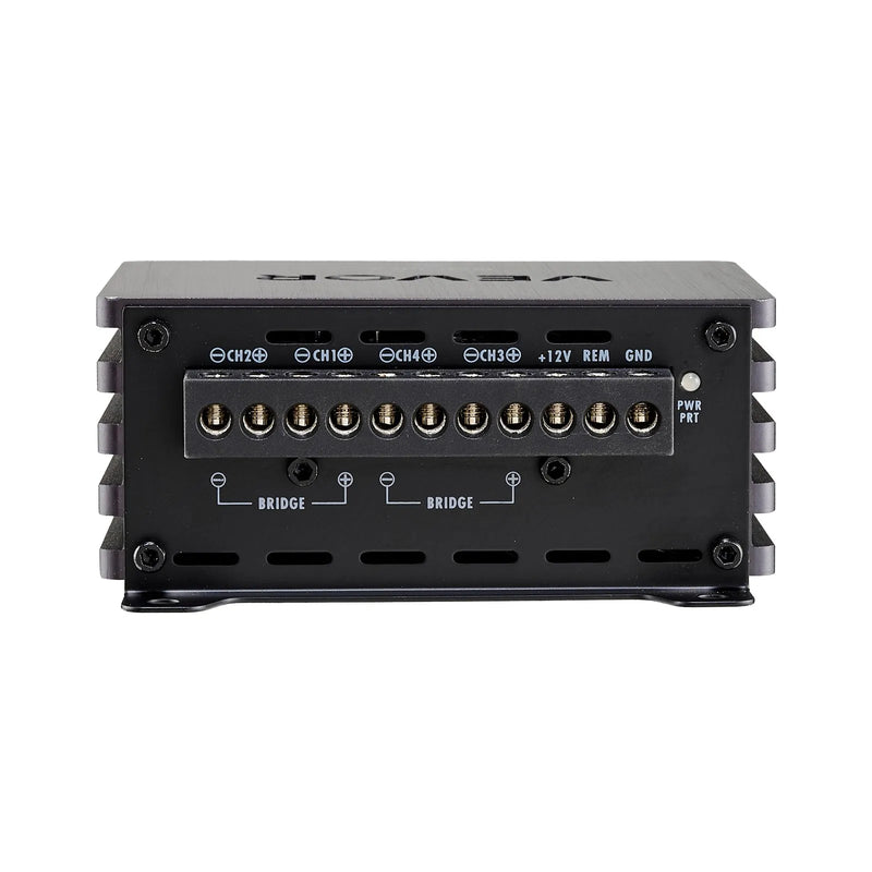 VEVOR automašīnas audio pastiprinātājs, 4 kanālu tiltojams auto pastiprinātājs, daudzkanālu Class D stereo pastiprinātājs ar maksimālo jaudu 4 × 110 W pie 4 Ω / 4 × 160 W pie 2 Ω, augstas jaudas pastiprinātājs SUV, pikapiem un bezceļu transportlīdzekļiem - ZEMLETES.LV