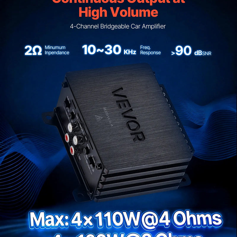 VEVOR automašīnas audio pastiprinātājs, 4 kanālu tiltojams auto pastiprinātājs, daudzkanālu Class D stereo pastiprinātājs ar maksimālo jaudu 4 × 110 W pie 4 Ω / 4 × 160 W pie 2 Ω, augstas jaudas pastiprinātājs SUV, pikapiem un bezceļu transportlīdzekļiem - ZEMLETES.LV