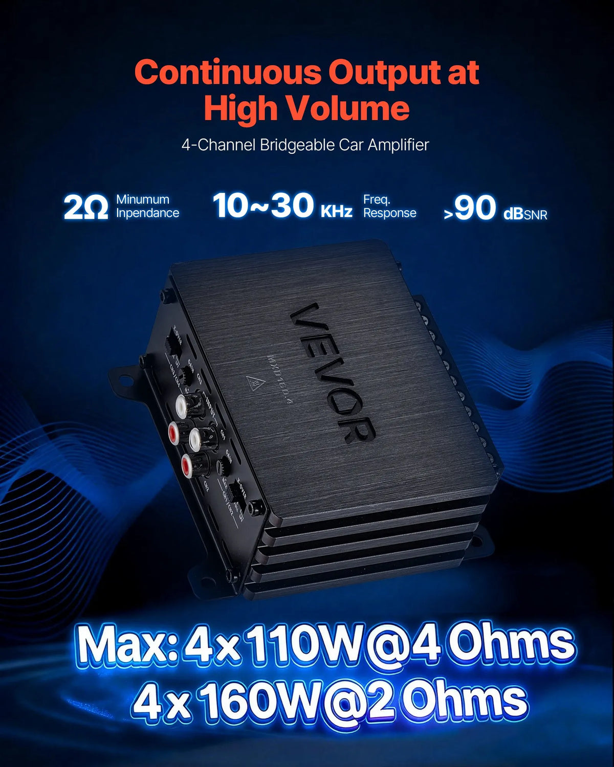 VEVOR automašīnas audio pastiprinātājs, 4 kanālu tiltojams auto pastiprinātājs, daudzkanālu Class D stereo pastiprinātājs ar maksimālo jaudu 4 × 110 W pie 4 Ω / 4 × 160 W pie 2 Ω, augstas jaudas pastiprinātājs SUV, pikapiem un bezceļu transportlīdzekļiem - ZEMLETES.LV