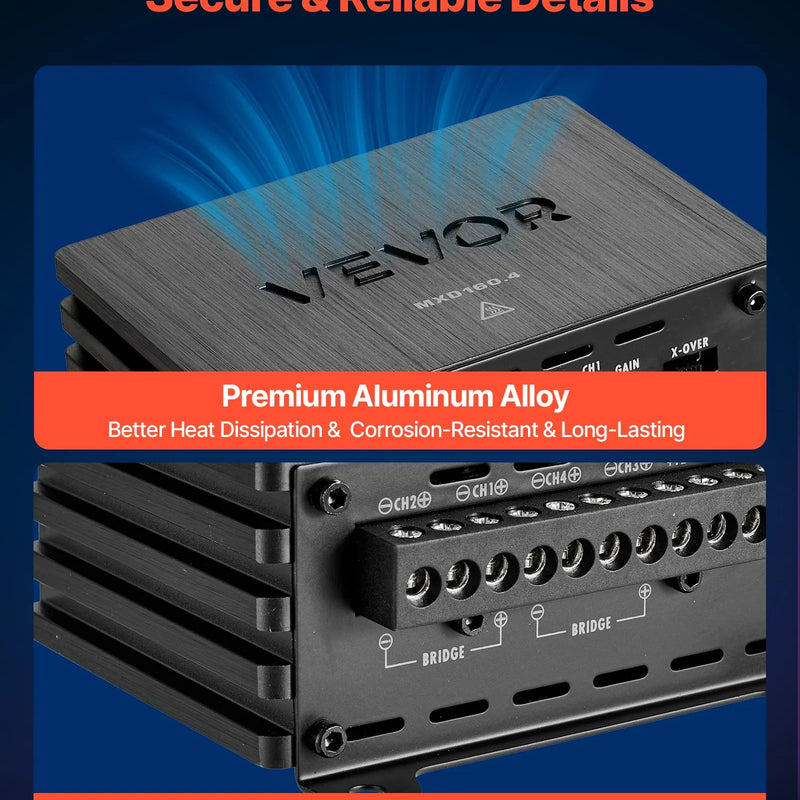 VEVOR automašīnas audio pastiprinātājs, 4 kanālu tiltojams auto pastiprinātājs, daudzkanālu Class D stereo pastiprinātājs ar maksimālo jaudu 4 × 110 W pie 4 Ω / 4 × 160 W pie 2 Ω, augstas jaudas pastiprinātājs SUV, pikapiem un bezceļu transportlīdzekļiem - ZEMLETES.LV