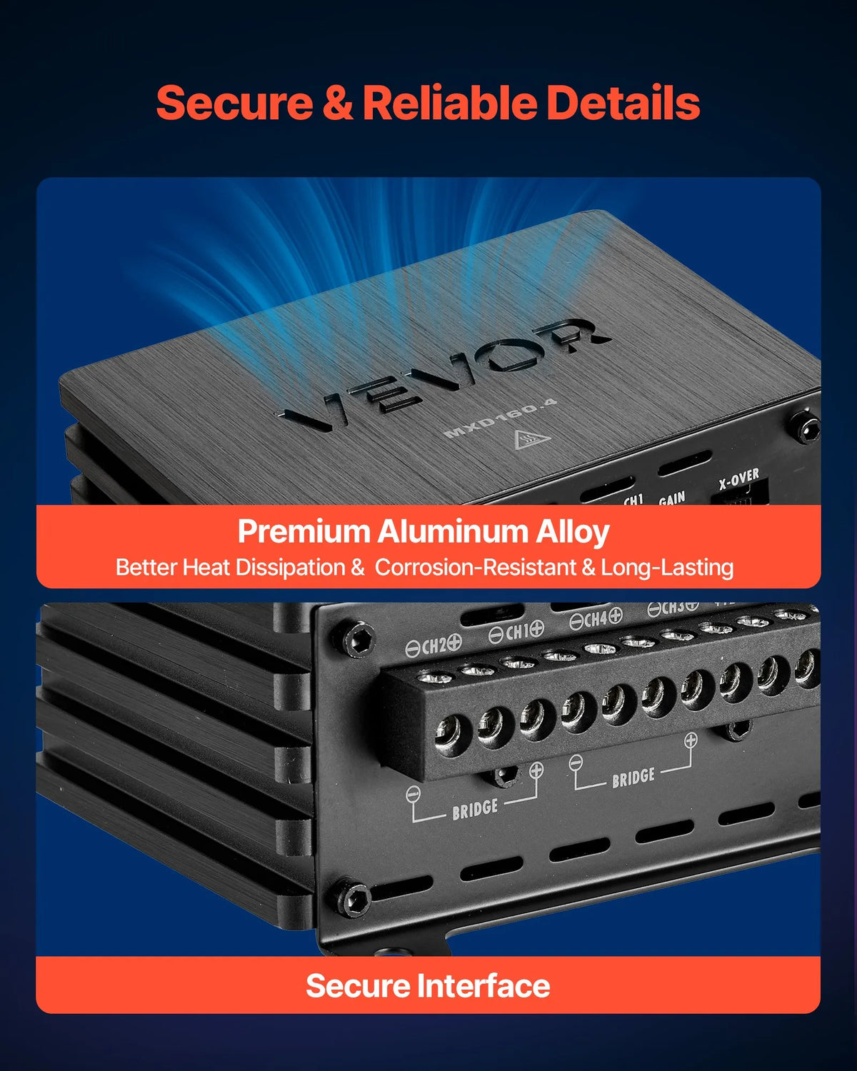 VEVOR automašīnas audio pastiprinātājs, 4 kanālu tiltojams auto pastiprinātājs, daudzkanālu Class D stereo pastiprinātājs ar maksimālo jaudu 4 × 110 W pie 4 Ω / 4 × 160 W pie 2 Ω, augstas jaudas pastiprinātājs SUV, pikapiem un bezceļu transportlīdzekļiem - ZEMLETES.LV