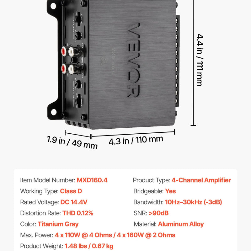 VEVOR automašīnas audio pastiprinātājs, 4 kanālu tiltojams auto pastiprinātājs, daudzkanālu Class D stereo pastiprinātājs ar maksimālo jaudu 4 × 110 W pie 4 Ω / 4 × 160 W pie 2 Ω, augstas jaudas pastiprinātājs SUV, pikapiem un bezceļu transportlīdzekļiem - ZEMLETES.LV