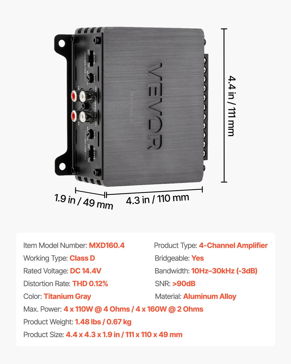 VEVOR automašīnas audio pastiprinātājs, 4 kanālu tiltojams auto pastiprinātājs, daudzkanālu Class D stereo pastiprinātājs ar maksimālo jaudu 4 × 110 W pie 4 Ω / 4 × 160 W pie 2 Ω, augstas jaudas pastiprinātājs SUV, pikapiem un bezceļu transportlīdzekļiem - ZEMLETES.LV