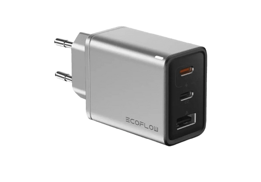 ECOFLOW lādētājs 65W, 1 × USB - A ports, 2 × USB - C porti, ātrā uzlāde (GaN tehnoloģija), sudraba. - ZEMLETES.LV