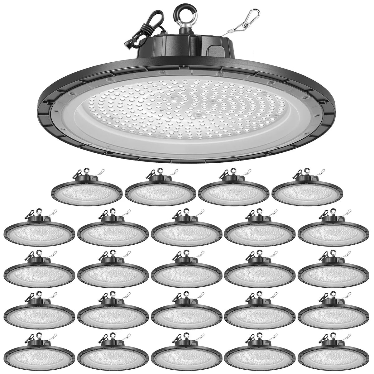 VEVOR LED industriālie augstgriestu gaismekļi 20 gab. 150 W, 5000 K, 21000 lm, IP65, 100–277 V, UFO tipa noliktavām, darbnīcām, rūpnīcām, sporta zālēm un garāžām, melni - ZEMLETES.LV