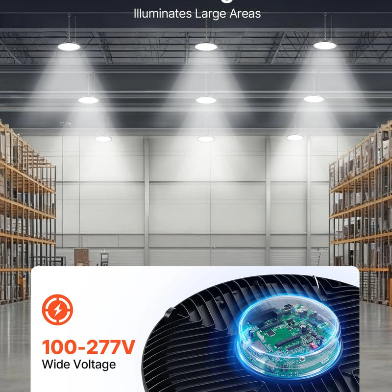 VEVOR LED industriālie augstgriestu gaismekļi 20 gab. 150 W, 5000 K, 21000 lm, IP65, 100–277 V, UFO tipa noliktavām, darbnīcām, rūpnīcām, sporta zālēm un garāžām, melni - ZEMLETES.LV