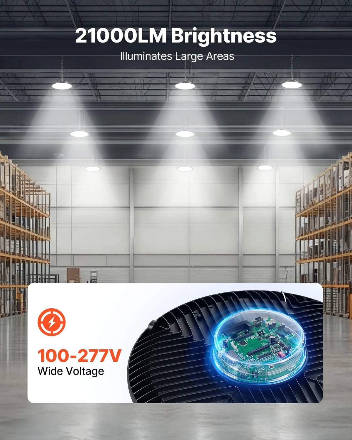 VEVOR LED industriālie augstgriestu gaismekļi 20 gab. 150 W, 5000 K, 21000 lm, IP65, 100–277 V, UFO tipa noliktavām, darbnīcām, rūpnīcām, sporta zālēm un garāžām, melni - ZEMLETES.LV