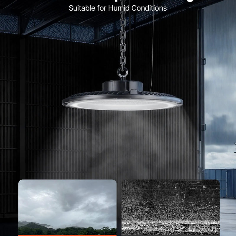 VEVOR LED industriālie augstgriestu gaismekļi 20 gab. 150 W, 5000 K, 21000 lm, IP65, 100–277 V, UFO tipa noliktavām, darbnīcām, rūpnīcām, sporta zālēm un garāžām, melni - ZEMLETES.LV