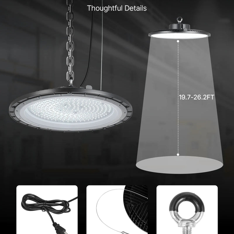 VEVOR LED industriālie augstgriestu gaismekļi 20 gab. 150 W, 5000 K, 21000 lm, IP65, 100–277 V, UFO tipa noliktavām, darbnīcām, rūpnīcām, sporta zālēm un garāžām, melni - ZEMLETES.LV