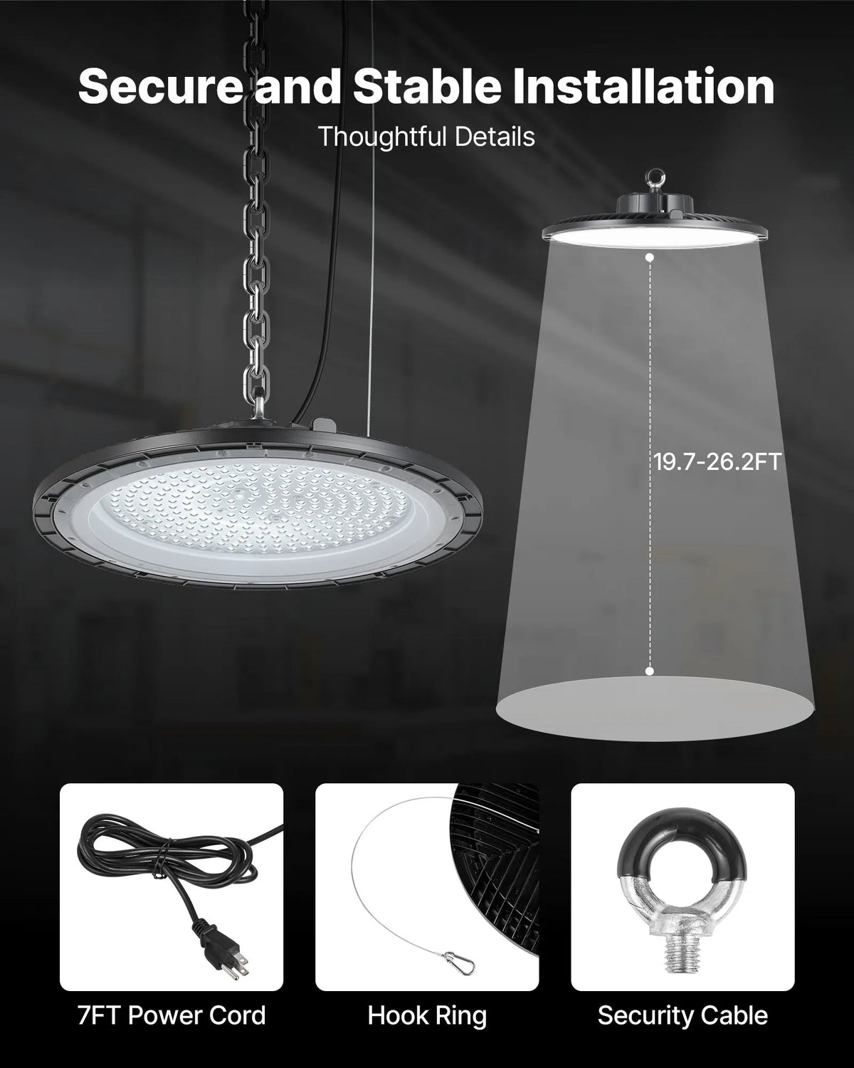 VEVOR LED industriālie augstgriestu gaismekļi 20 gab. 150 W, 5000 K, 21000 lm, IP65, 100–277 V, UFO tipa noliktavām, darbnīcām, rūpnīcām, sporta zālēm un garāžām, melni - ZEMLETES.LV