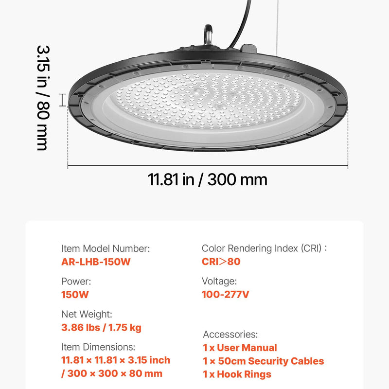VEVOR LED industriālie augstgriestu gaismekļi 20 gab. 150 W, 5000 K, 21000 lm, IP65, 100–277 V, UFO tipa noliktavām, darbnīcām, rūpnīcām, sporta zālēm un garāžām, melni - ZEMLETES.LV