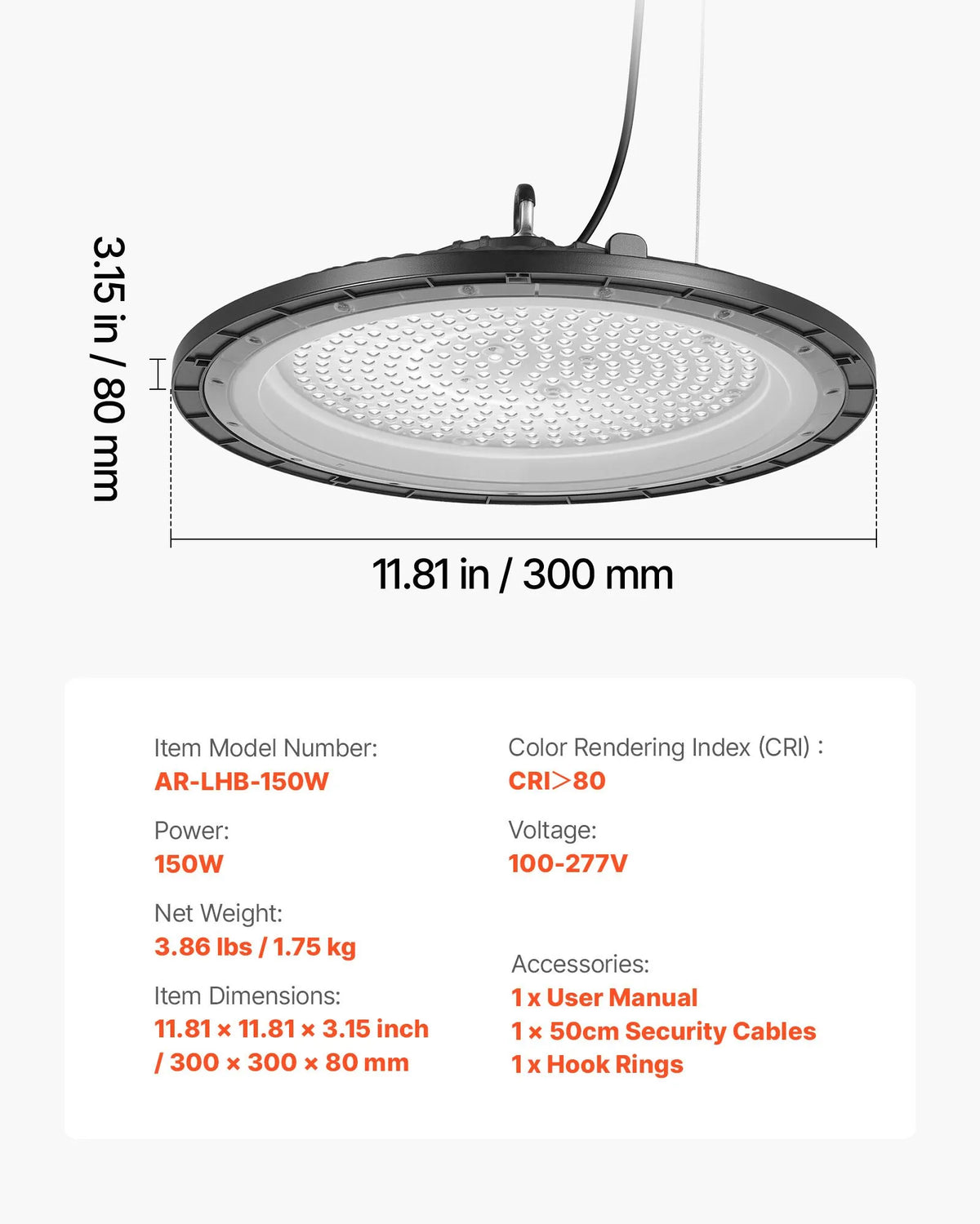 VEVOR LED industriālie augstgriestu gaismekļi 20 gab. 150 W, 5000 K, 21000 lm, IP65, 100–277 V, UFO tipa noliktavām, darbnīcām, rūpnīcām, sporta zālēm un garāžām, melni - ZEMLETES.LV