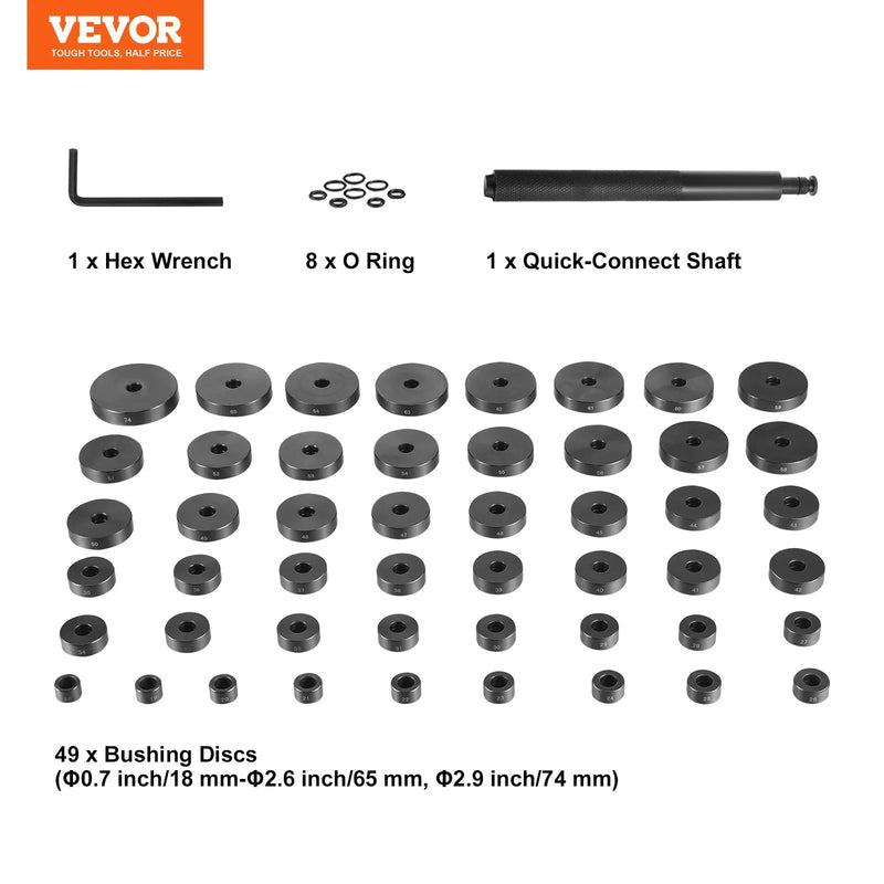 52 gab. bukses, gultņu un blīvju montāžas komplekts, 18–65 mm un 74 mm diametrā