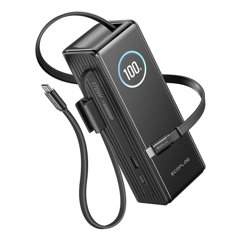EcoFlow RAPID ārējais akumulators 25 000 mAh, 170 W, ar 2 USB-C pieslēgvietām, USB-A pieslēgvietu un TFT ekrānu, sudraba