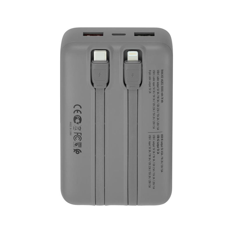 RIVACASE VA2612 Power Bank 20000mAh ar iebūvētiem kabeļiem – pelēks