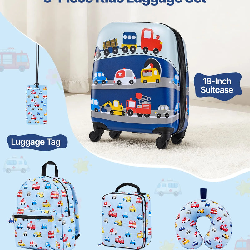 VEVOR bērnu ceļojumu bagāžas komplekts, 5 daļas, 45,7 cm cietā korpusa koferis ar riteņiem, mugursoma un U veida kakla spilvens, bērnu rokas bagāža ar kravas auto dizainu, piemērota aviokompāniju prasībām, dāvana meitenēm un zēniem