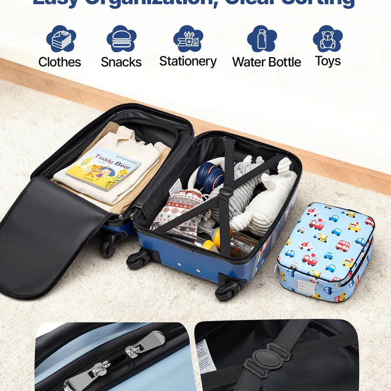 VEVOR bērnu ceļojumu bagāžas komplekts, 5 daļas, 45,7 cm cietā korpusa koferis ar riteņiem, mugursoma un U veida kakla spilvens, bērnu rokas bagāža ar kravas auto dizainu, piemērota aviokompāniju prasībām, dāvana meitenēm un zēniem