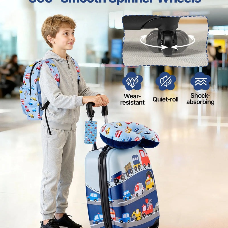 VEVOR bērnu ceļojumu bagāžas komplekts, 5 daļas, 45,7 cm cietā korpusa koferis ar riteņiem, mugursoma un U veida kakla spilvens, bērnu rokas bagāža ar kravas auto dizainu, piemērota aviokompāniju prasībām, dāvana meitenēm un zēniem