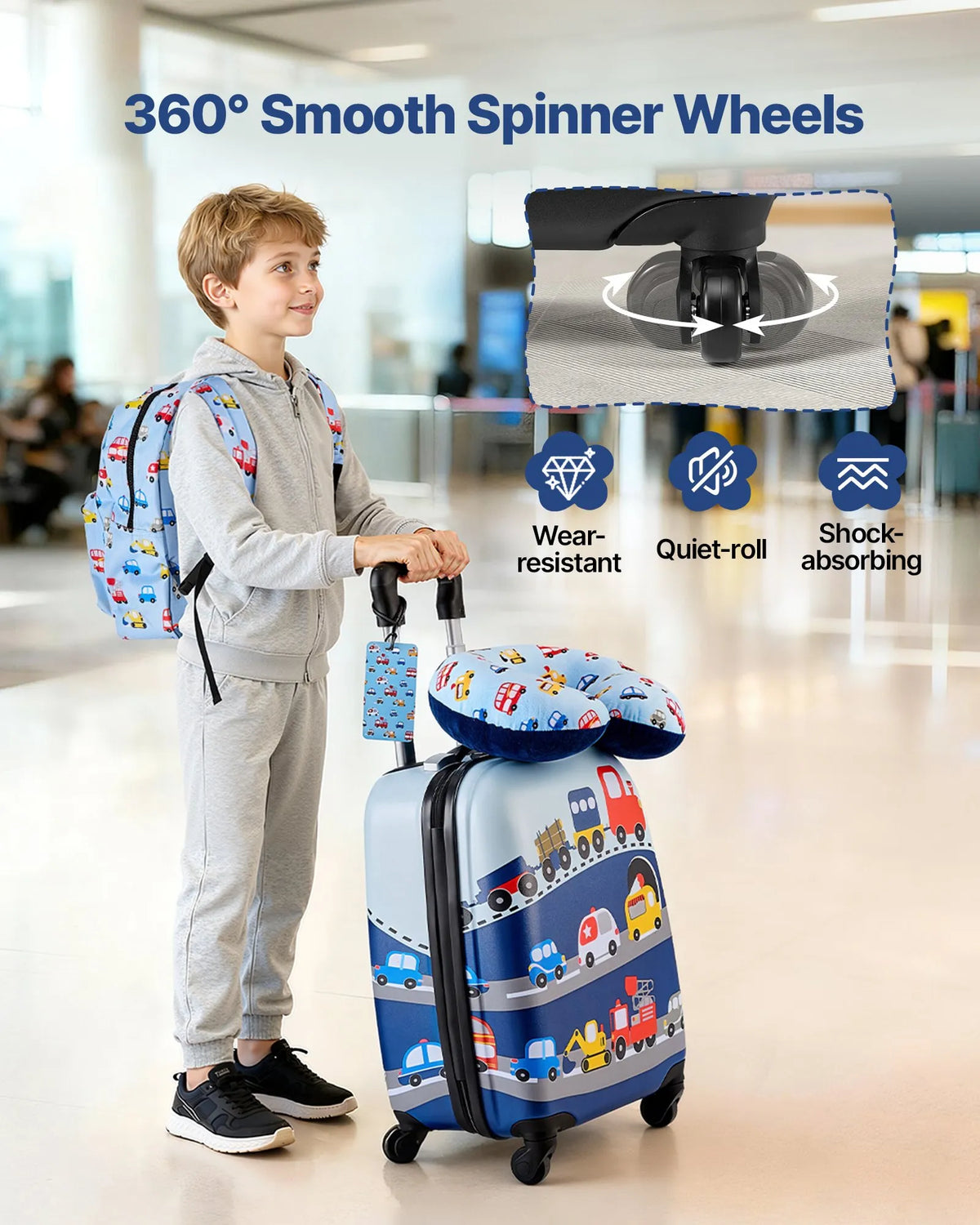 VEVOR bērnu ceļojumu bagāžas komplekts, 5 daļas, 45,7 cm cietā korpusa koferis ar riteņiem, mugursoma un U veida kakla spilvens, bērnu rokas bagāža ar kravas auto dizainu, piemērota aviokompāniju prasībām, dāvana meitenēm un zēniem