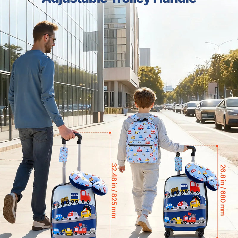 VEVOR bērnu ceļojumu bagāžas komplekts, 5 daļas, 45,7 cm cietā korpusa koferis ar riteņiem, mugursoma un U veida kakla spilvens, bērnu rokas bagāža ar kravas auto dizainu, piemērota aviokompāniju prasībām, dāvana meitenēm un zēniem