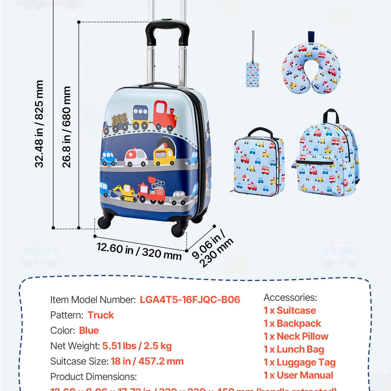 VEVOR bērnu ceļojumu bagāžas komplekts, 5 daļas, 45,7 cm cietā korpusa koferis ar riteņiem, mugursoma un U veida kakla spilvens, bērnu rokas bagāža ar kravas auto dizainu, piemērota aviokompāniju prasībām, dāvana meitenēm un zēniem