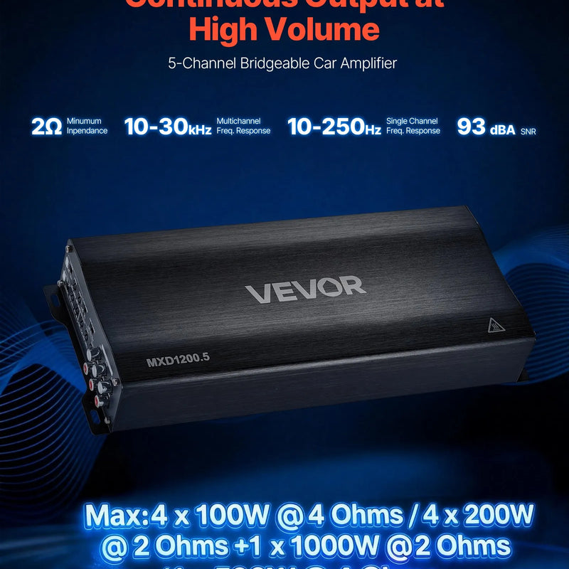 VEVOR 5 kanālu automašīnas audio pastiprinātājs, tiltojams daudzkanālu Class D stereo pastiprinātājs ar maksimālo jaudu 4 × 100 W pie 4 Ω / 4 × 200 W pie 2 Ω + 1 × 1000 W pie 2 Ω / 1 × 500 W pie 4 Ω, auto pastiprinātājs transportlīdzekļiem - ZEMLETES.LV